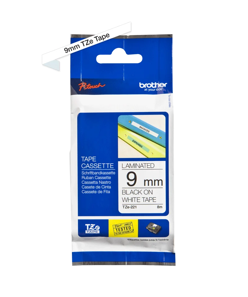 Genuine Brother TZe-221 Labelling Tape – Black on White, 9mm wide