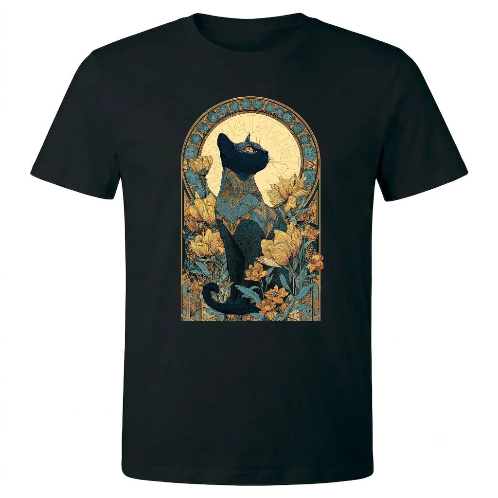 تيشيرت أسود — Half Sleeves Printed Cat in Floral