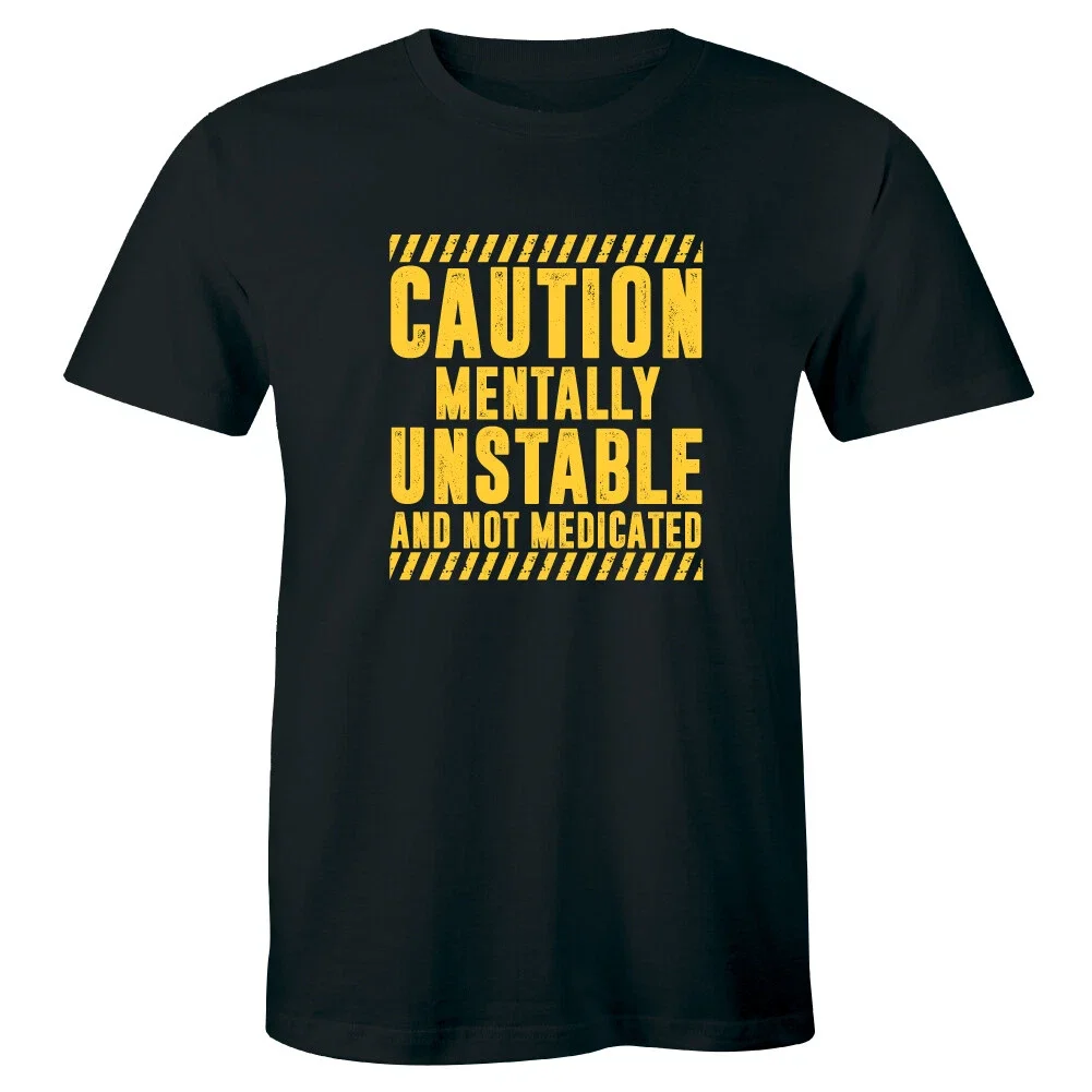 تيشيرت أسود — Half Sleeves Printed CAUTION MENTALLY UNSTABLE