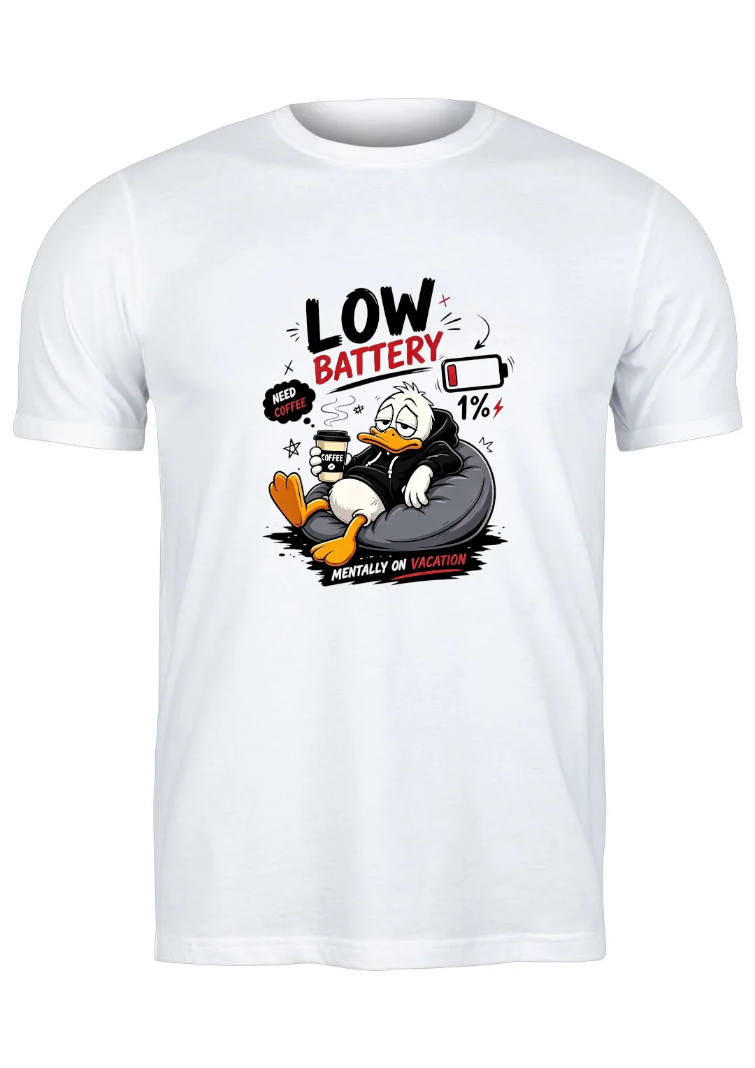 تيشيرت أبيض — Half Sleeves Printed Low Battery 2