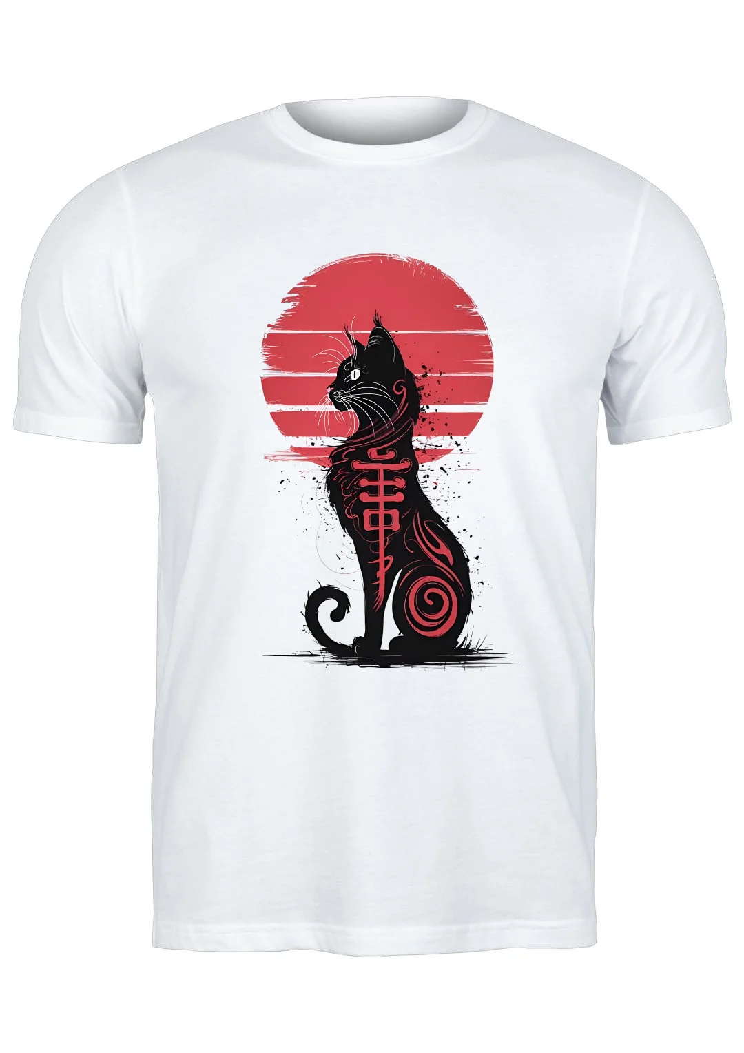 تيشيرت أبيض — Half Sleeves Printed Japanese Cat