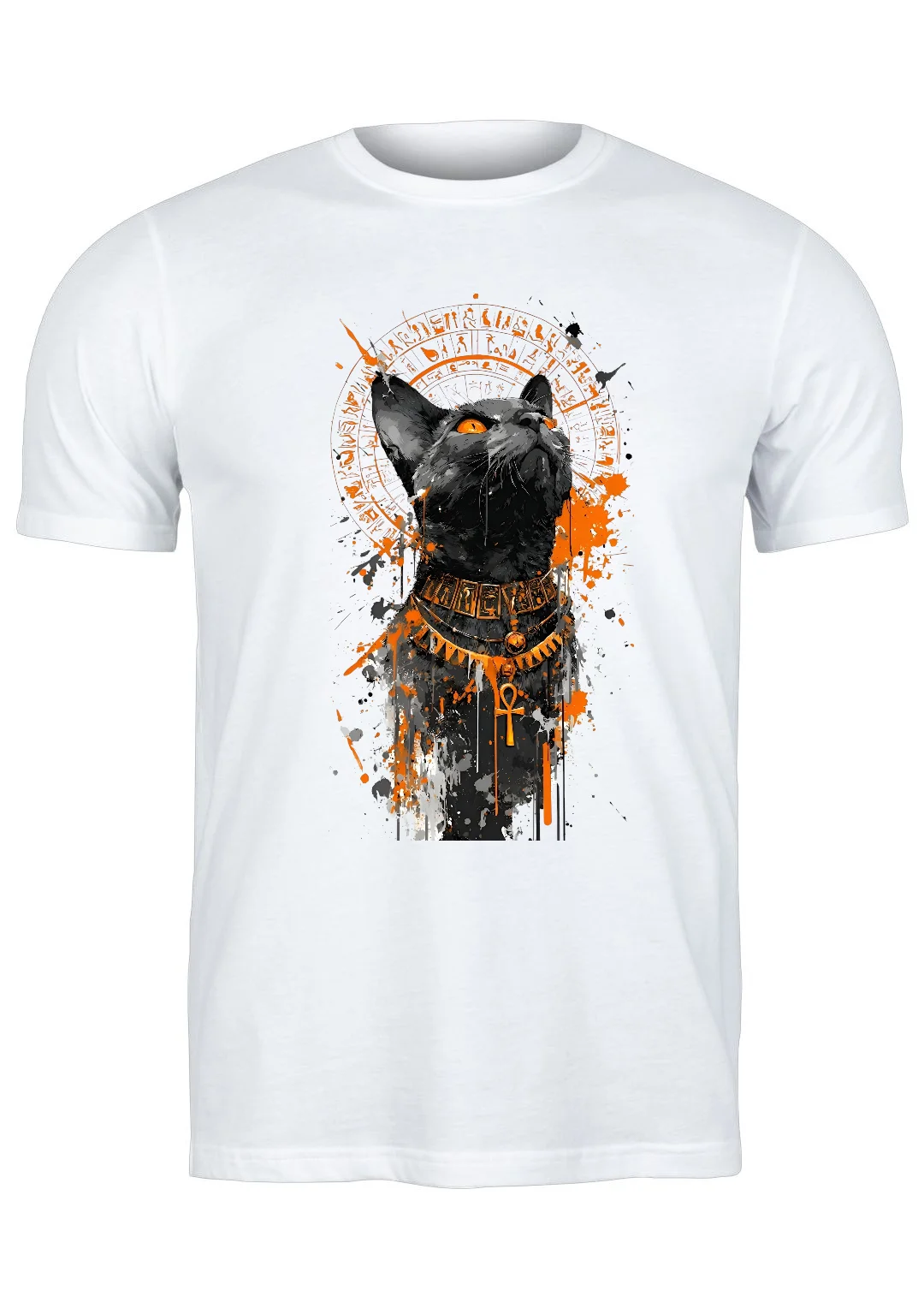 تيشيرت أبيض — Half Sleeves Printed Egyptian cat Two