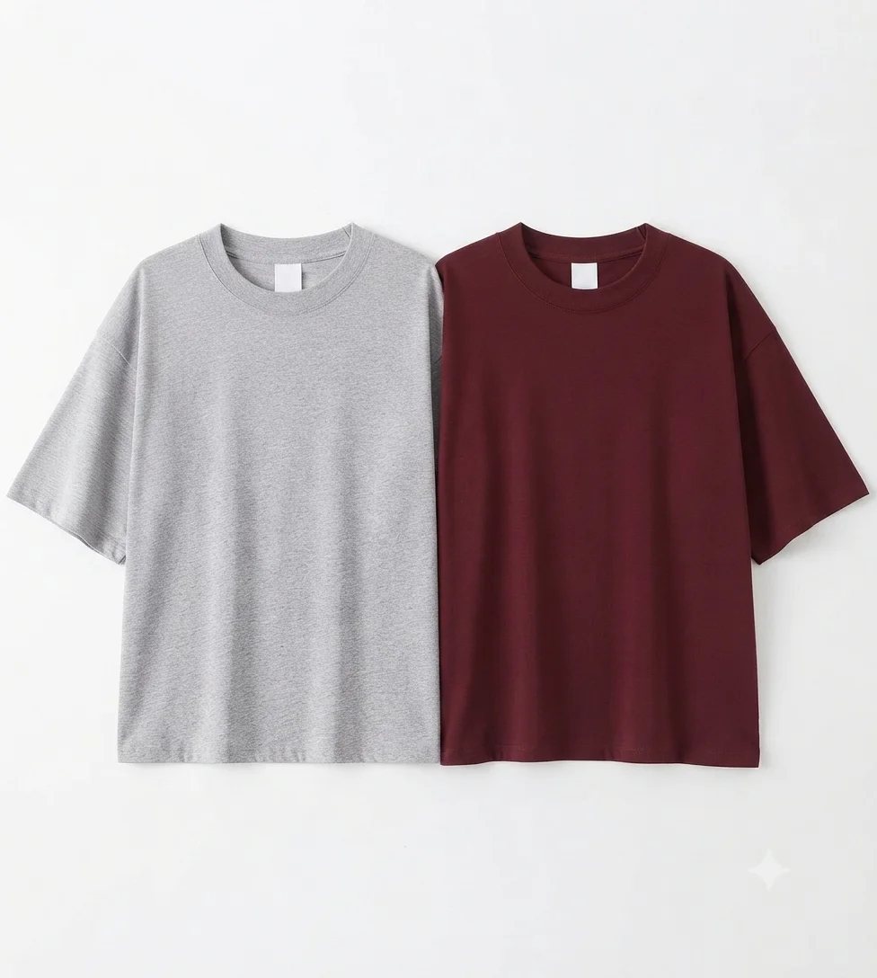 Two t-shirts, one gray and one burgundy
